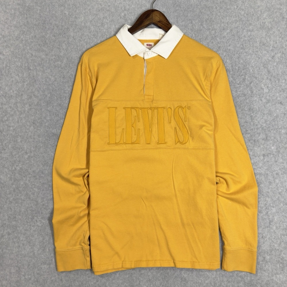 Levis Shirt Mens Large Yellow Rugby Relaxed Spell Out Long Sleeve Polo Cotton